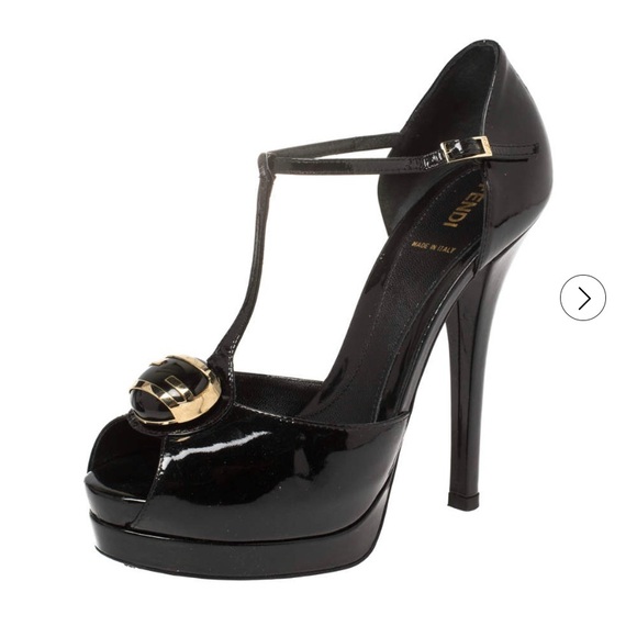 Fendi Shoes - FENDI Black Patent Leather T Strap Peep Toe Platform Sandals